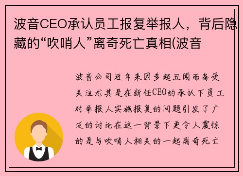 波音CEO承认员工报复举报人，背后隐藏的“吹哨人”离奇死亡真相(波音 ceo)