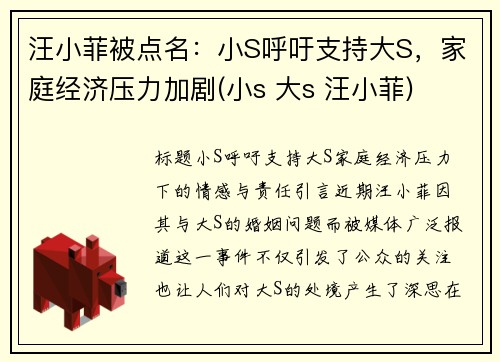 汪小菲被点名：小S呼吁支持大S，家庭经济压力加剧(小s 大s 汪小菲)