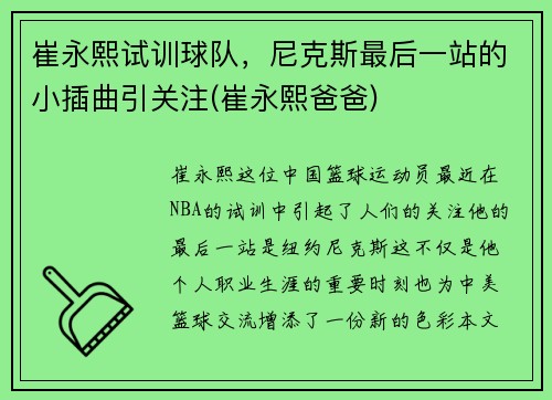 崔永熙试训球队，尼克斯最后一站的小插曲引关注(崔永熙爸爸)