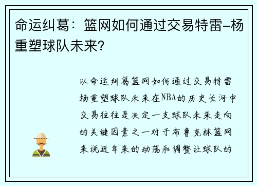 命运纠葛：篮网如何通过交易特雷-杨重塑球队未来？