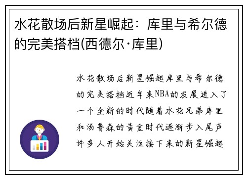 水花散场后新星崛起：库里与希尔德的完美搭档(西德尔·库里)