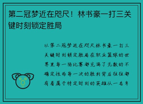 第二冠梦近在咫尺！林书豪一打三关键时刻锁定胜局