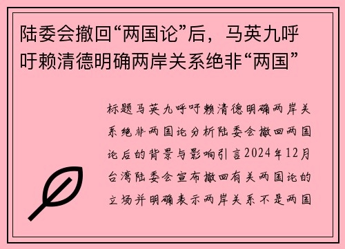 陆委会撤回“两国论”后，马英九呼吁赖清德明确两岸关系绝非“两国”