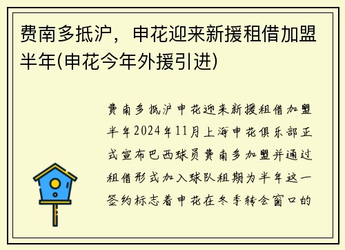 费南多抵沪，申花迎来新援租借加盟半年(申花今年外援引进)