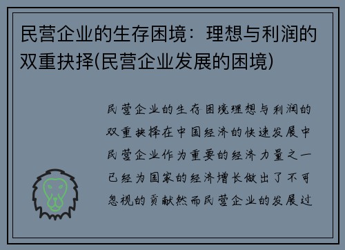 民营企业的生存困境：理想与利润的双重抉择(民营企业发展的困境)